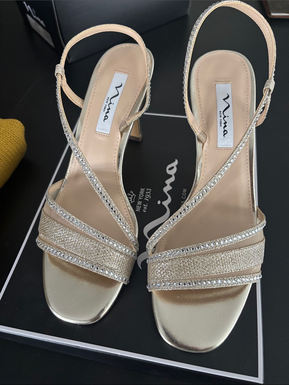 Nina Metallic Gold Crystal Strappy Slingback Heels